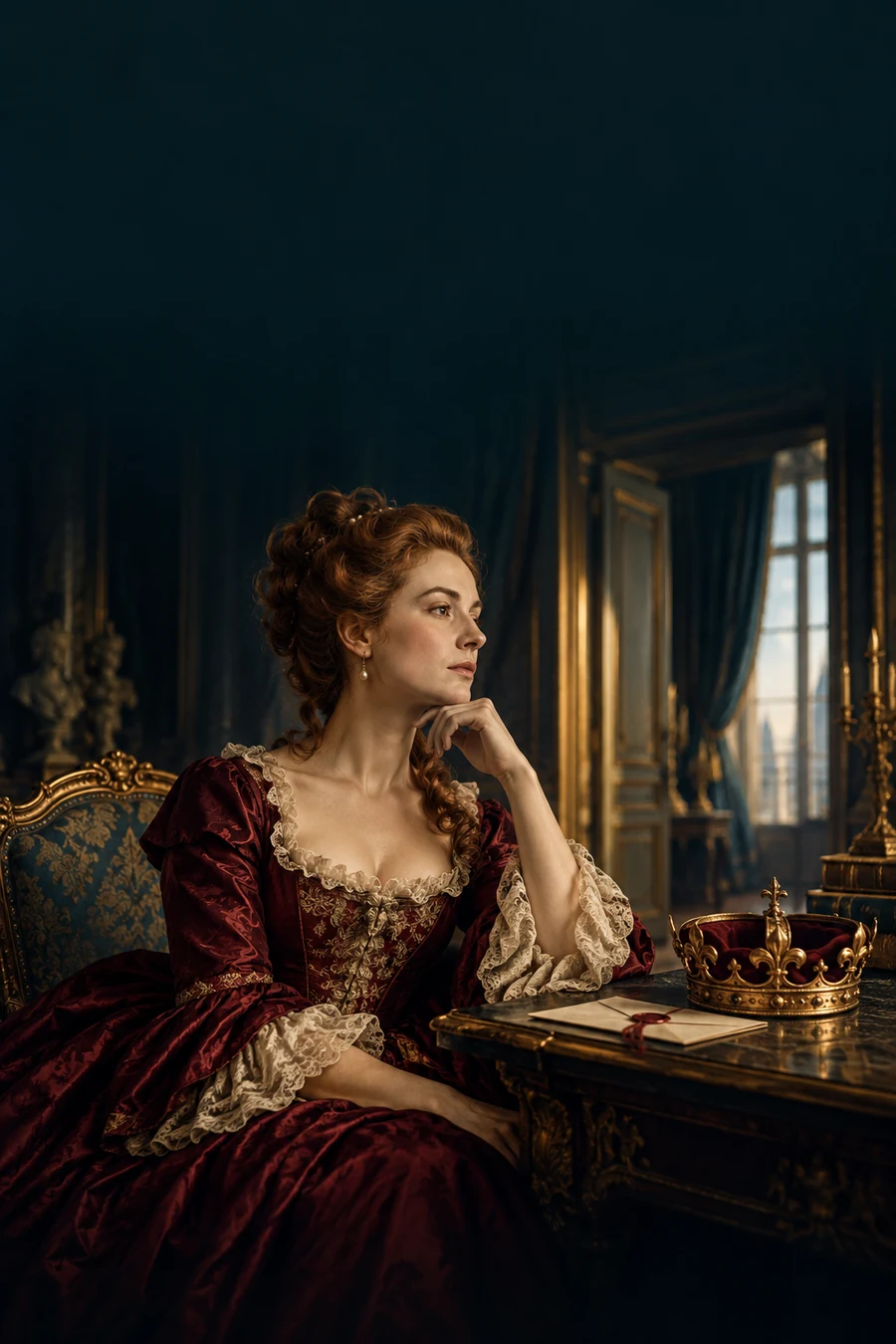 Illustration de couverture : une femme de cour près d’une fenêtre, avec une couronne sur une table